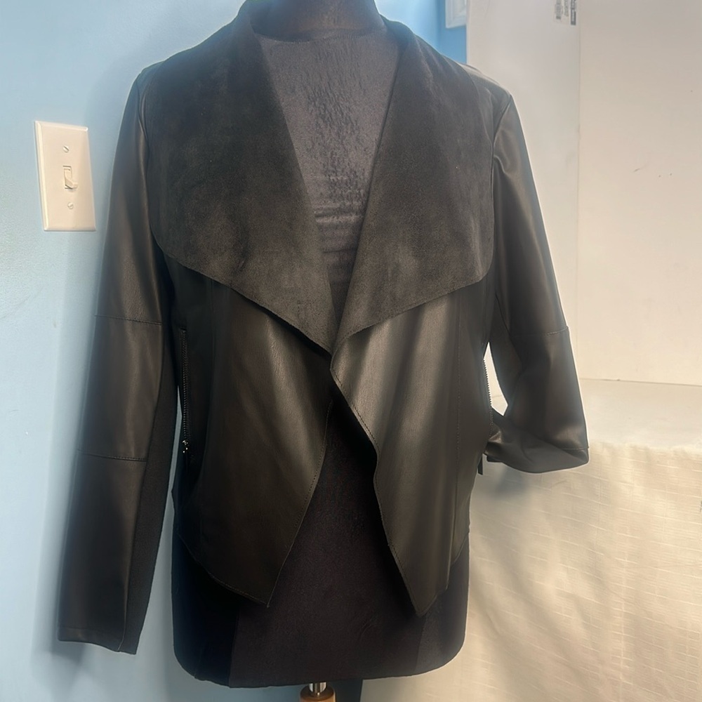 BAGATELLE Drape Front Faux Leather Jacket IN BLACK
